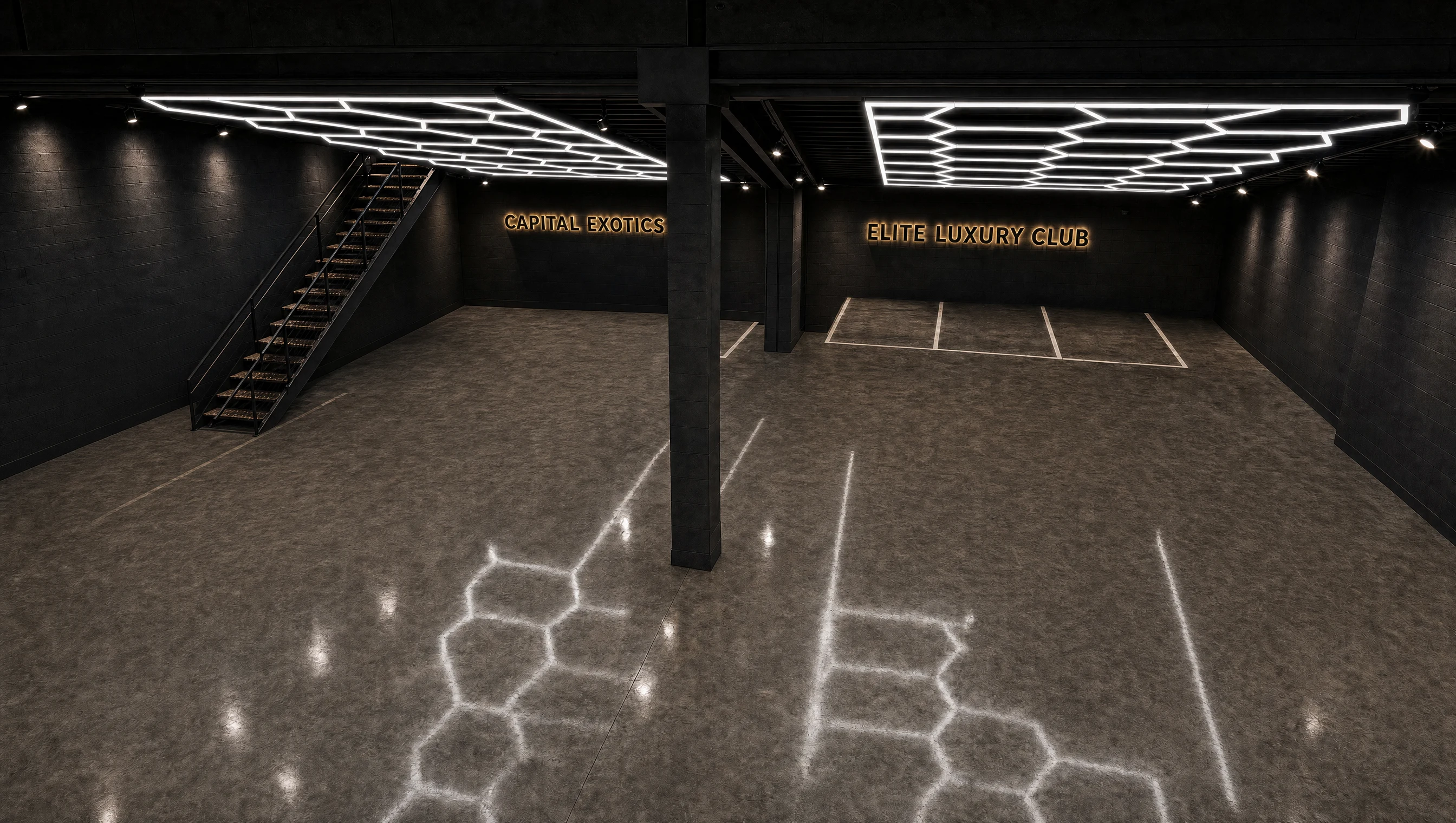 Capital Exotics and Elite Luxury Club showroom with hexagonal lights and a polished concrete floor