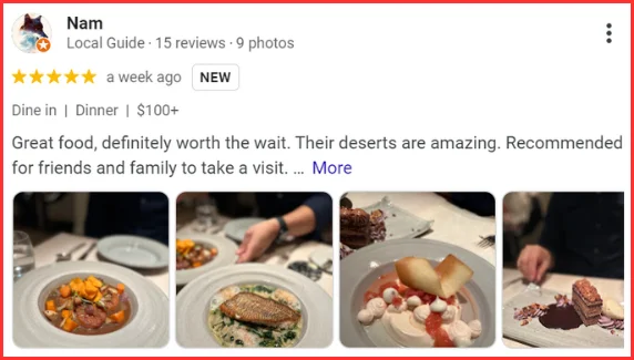 Local Guide google review about Kinship Restaurant