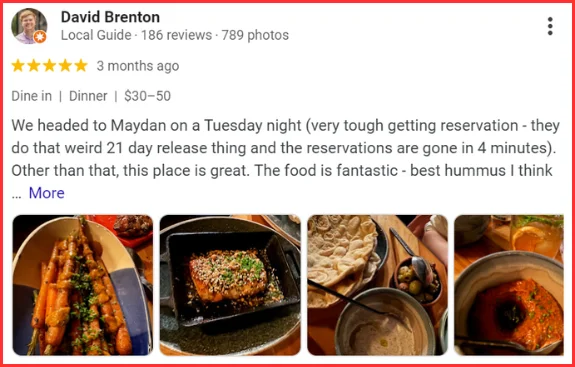 Google review of customer MAYDAN restaurant